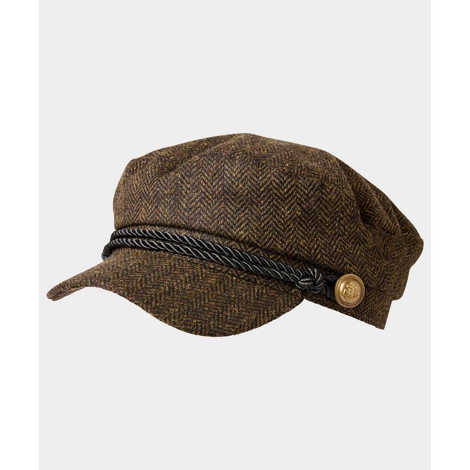 Schirmkappe aus Fischgrät-Tweed mit Knopfdetail