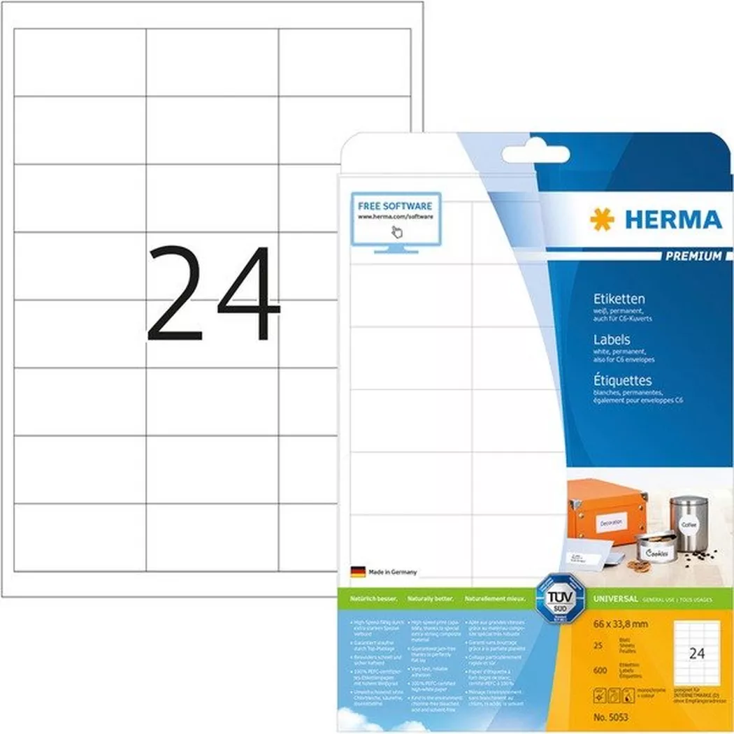 HERMA – Universal-Etikett. 66,0×33,8mm 5053 weiss 600 St./25 Blatt, One Size