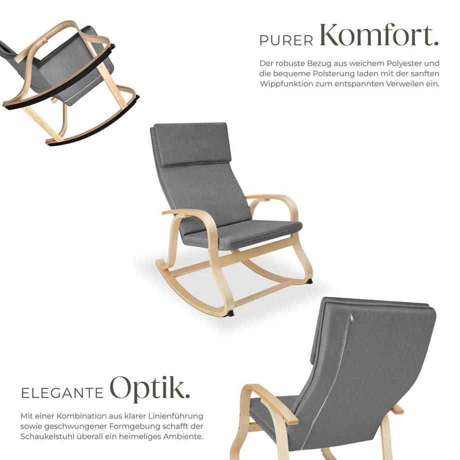 Tectake Schaukelstuhl Roca mit Armlehnen, Gestell aus Birkenholz bequeme Polsterung mit Kopfkissen  
