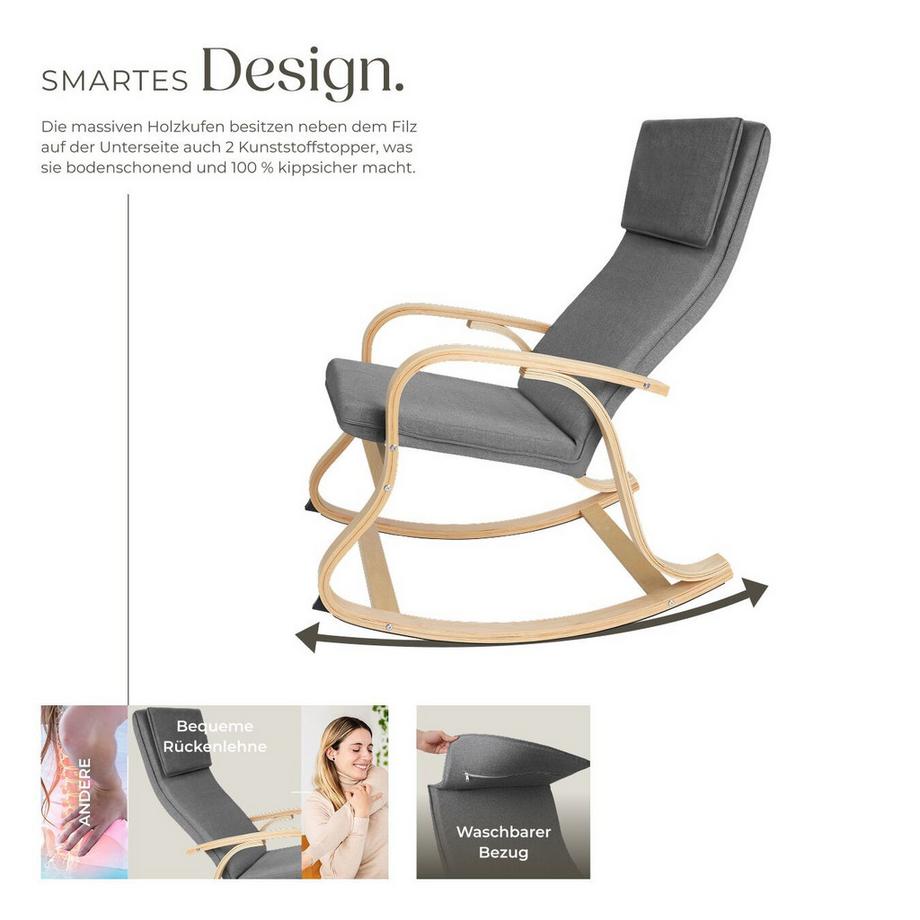 Tectake Schaukelstuhl Roca mit Armlehnen, Gestell aus Birkenholz bequeme Polsterung mit Kopfkissen  