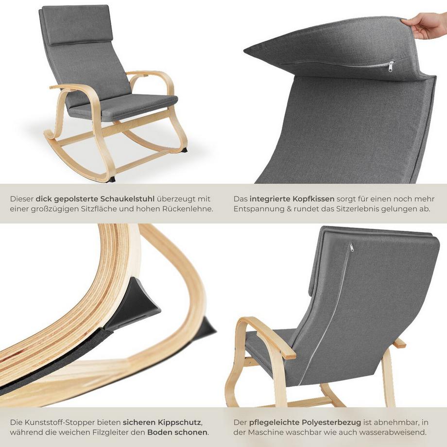 Tectake Schaukelstuhl Roca mit Armlehnen, Gestell aus Birkenholz bequeme Polsterung mit Kopfkissen  