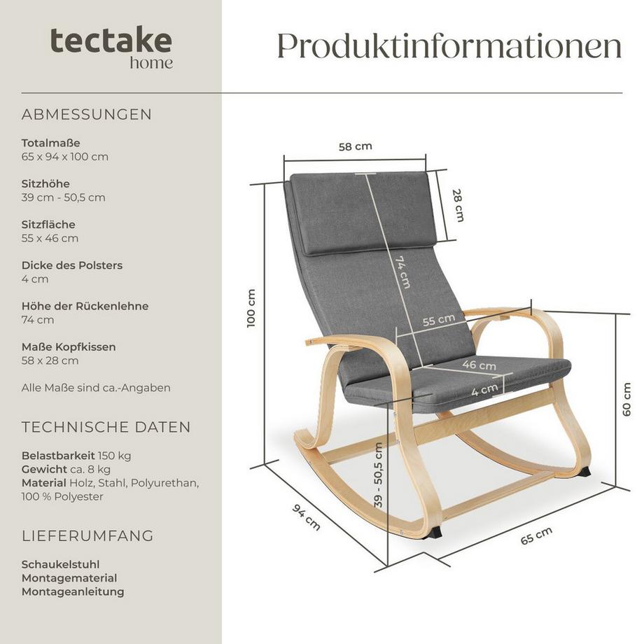 Tectake Schaukelstuhl Roca mit Armlehnen, Gestell aus Birkenholz bequeme Polsterung mit Kopfkissen  