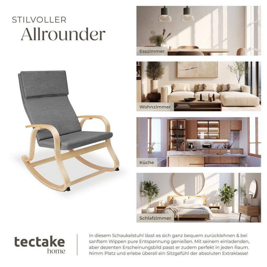 Tectake Schaukelstuhl Roca mit Armlehnen, Gestell aus Birkenholz bequeme Polsterung mit Kopfkissen  