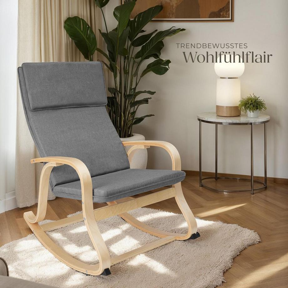 Tectake Schaukelstuhl Roca mit Armlehnen, Gestell aus Birkenholz bequeme Polsterung mit Kopfkissen  
