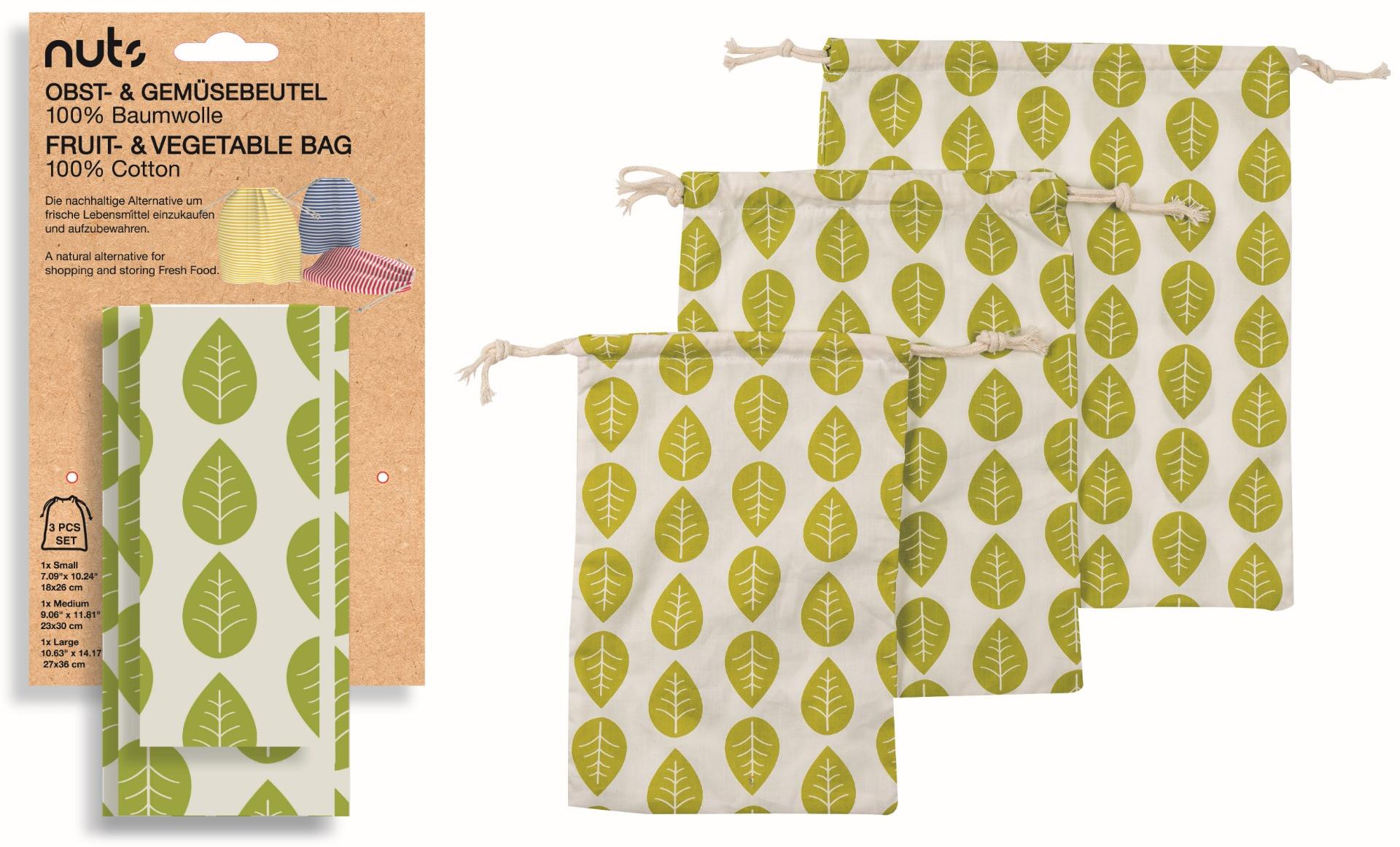Image of Beutel Baumwolle Blätter 3er Set, 27x36,23x30,18x26 cm Beutel Baumwolle Blätter 3er Set, 27x36,23x30,18x26 cm