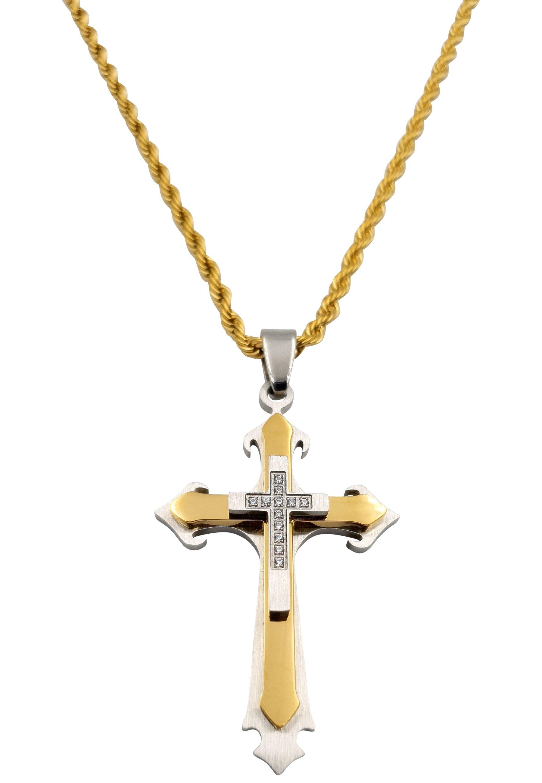Image of Kreuz Kette Edelstahl & Zirkonia Damen Gelbgold 60 cm