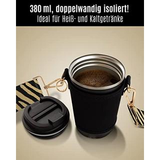 Only-bags.store  Cupholder to Go Set - porte-gobelet et tasse thermique à emporter - porte-gobelet avec bandoulière réglable - en noir - beige 