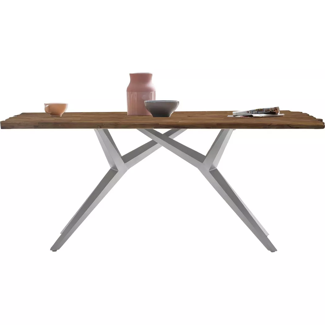 SIT Esstisch "Leiria aus Teak mit 50-mm-Platte & extravagantem Metallgestell" 50-mm-Teakplatte mit markanter Bruchkante an den kurzen Seiten