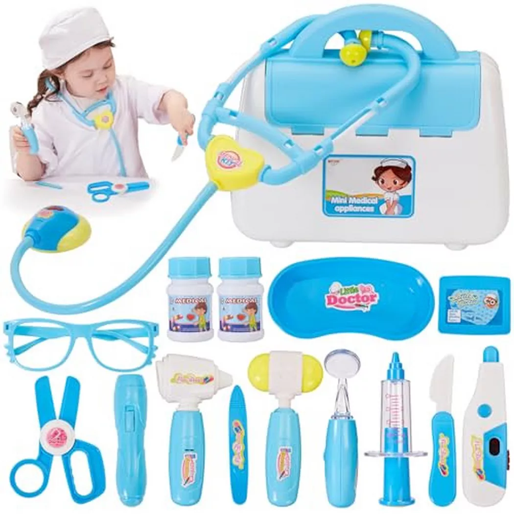 Activity-board - Arztkoffer Kinder Holzarztkoffer Kinderspielzeug mit Stethoskop, Edelstahltablett und Arzttasche, One Size, Blau