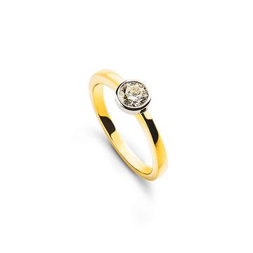 Bague solitaire lunette sertie d'or jaune 750, diamants 0,20ct. or blanc 750