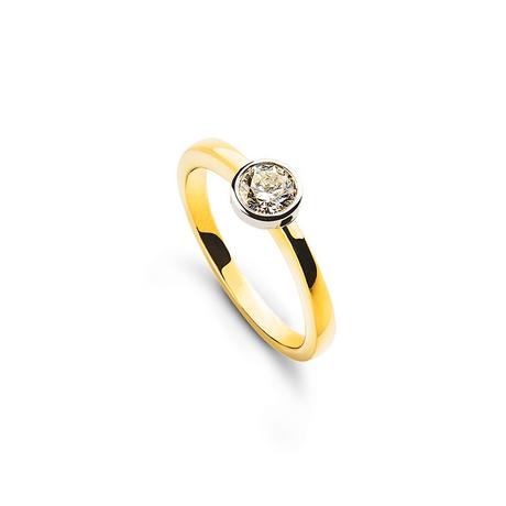 MUAU Schmuck  Solitär Ring Zargen-Fassung Gelbgold 750, Brillanten 0.20ct. Fassung Weissgold 750 