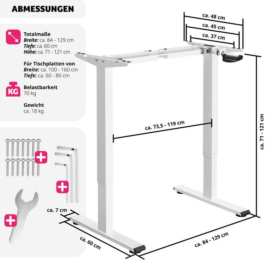 Tectake Cadre de bureau IDUN réglable en hauteur en continu avec manivelle  