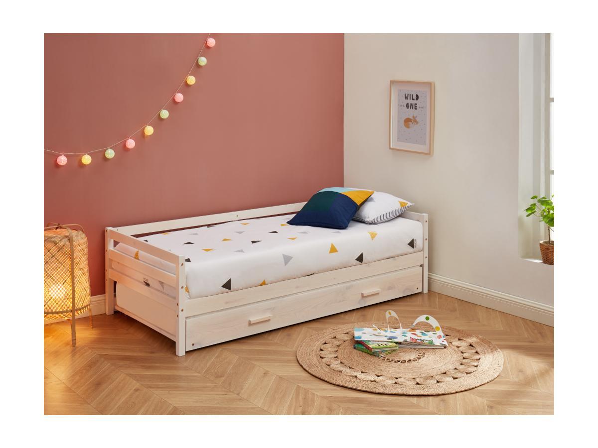 Vente-unique Letto a scomparsa + materasso 2 Abete massello e MDF Sbiancato AEDAN II  