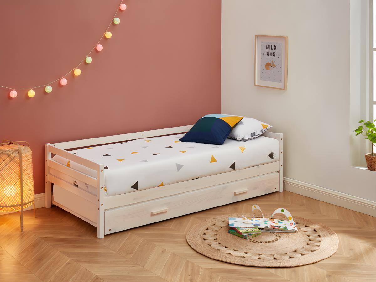 Vente-unique Letto a scomparsa + materasso 2 Abete massello e MDF Sbiancato AEDAN II  