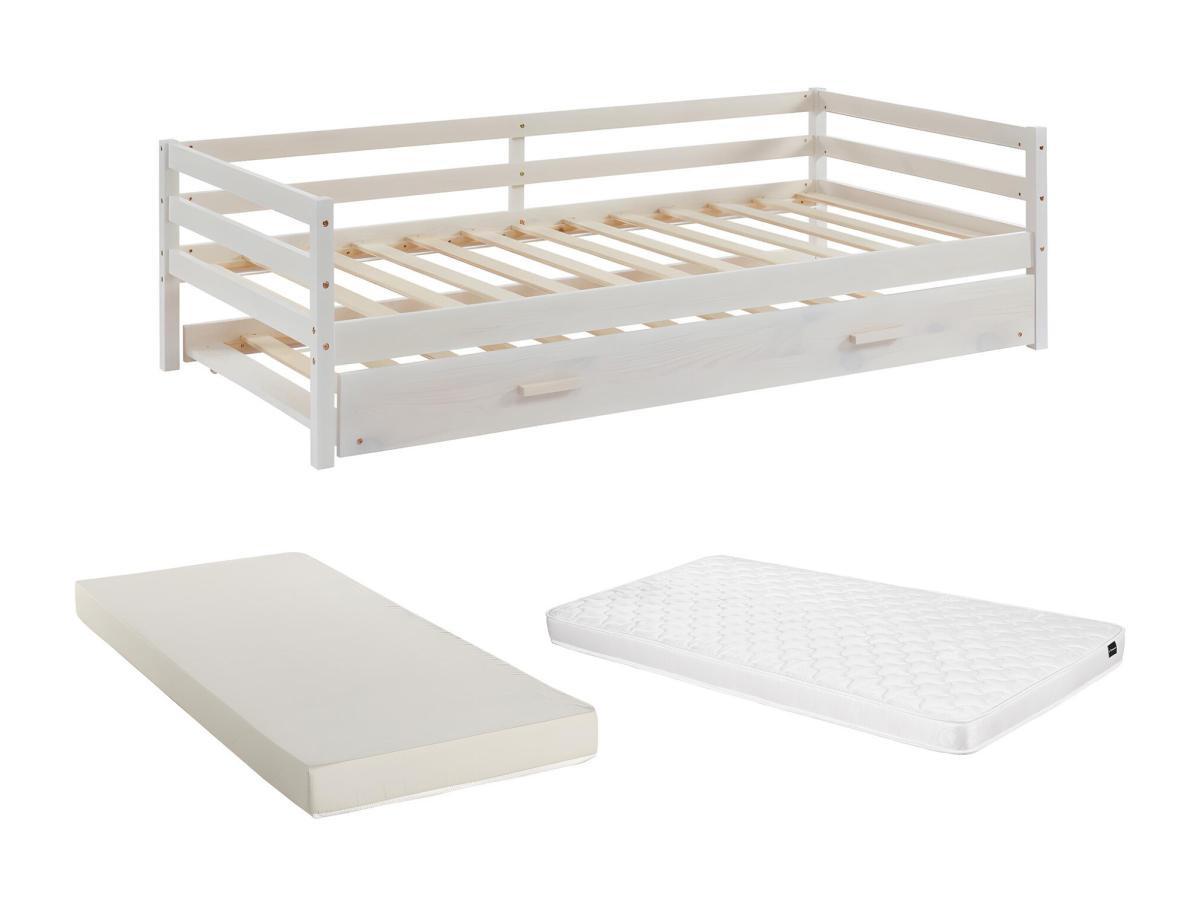 Vente-unique Letto a scomparsa + materasso 2 Abete massello e MDF Sbiancato AEDAN II  