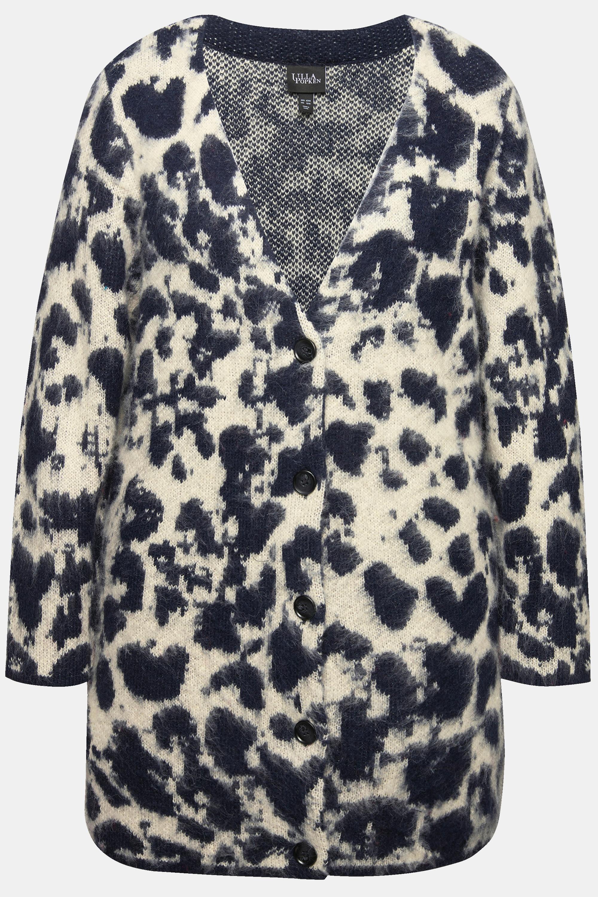 Ulla Popken  Cardigan con lana, design leopardato e scollo a V 