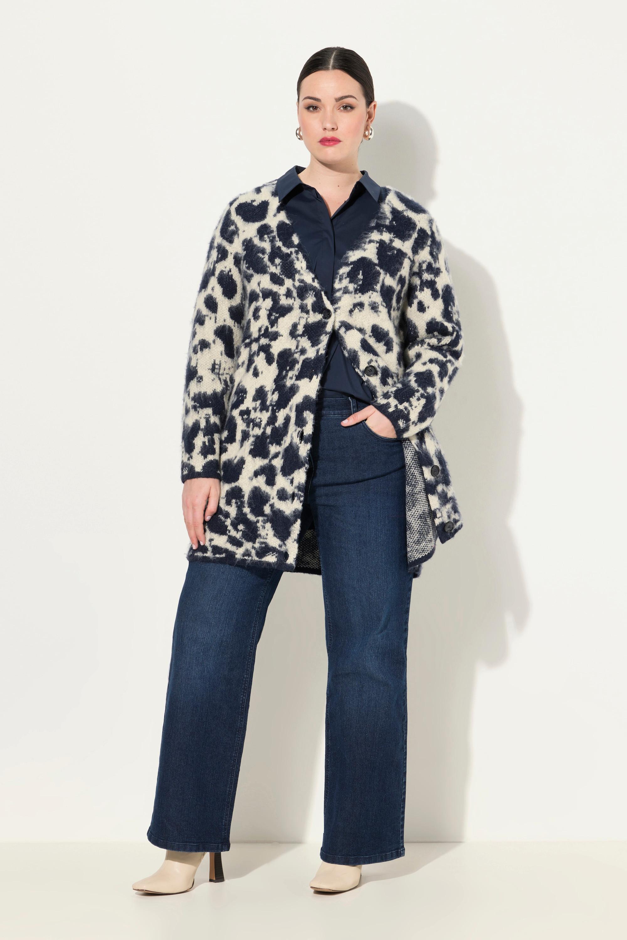 Ulla Popken  Cardigan con lana, design leopardato e scollo a V 