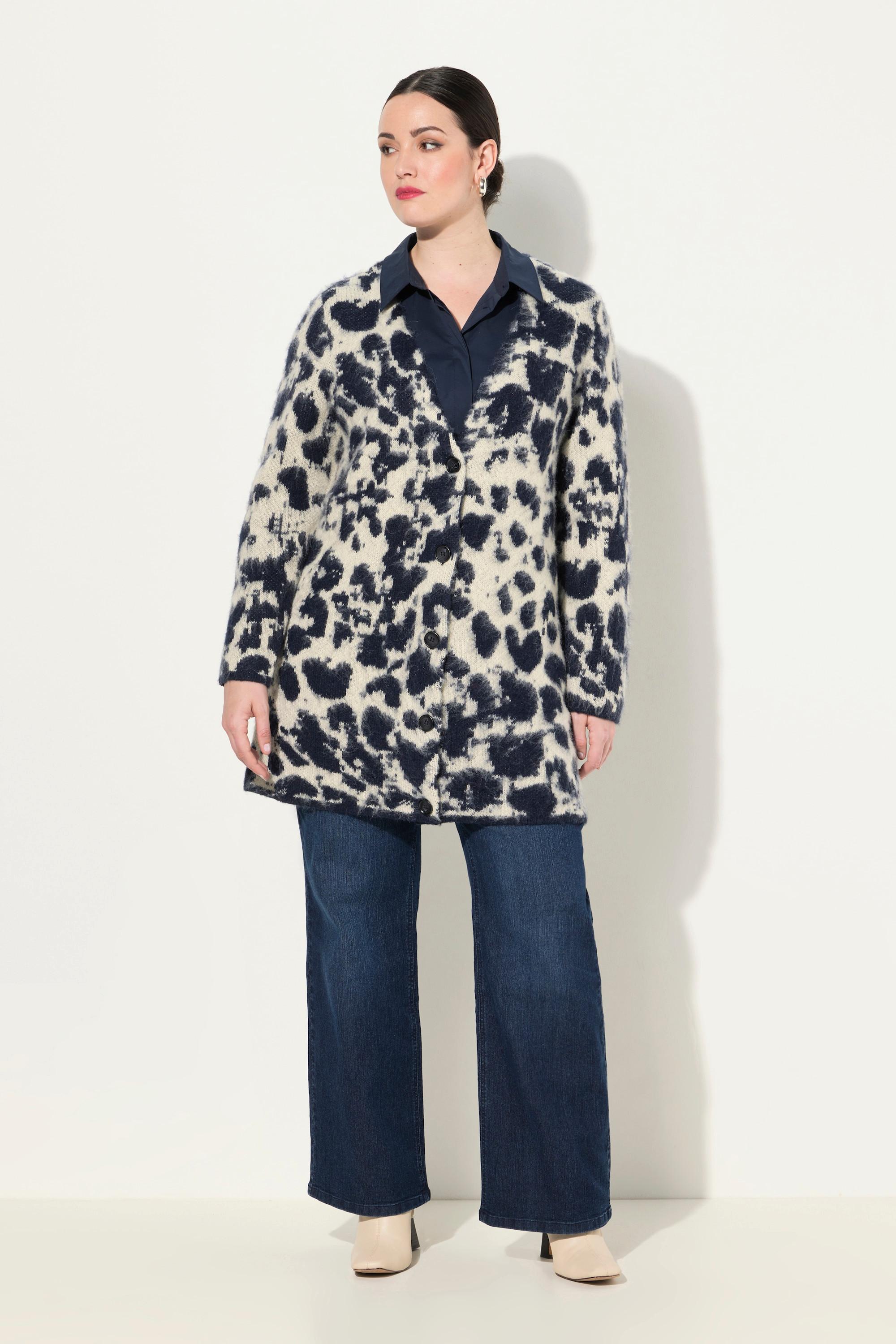 Ulla Popken  Cardigan con lana, design leopardato e scollo a V 