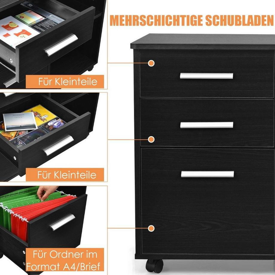 Northio Classeur à 3 tiroirs Meuble de bureau mobile sur roulettes 81 x 41 x 66 cm Noir  