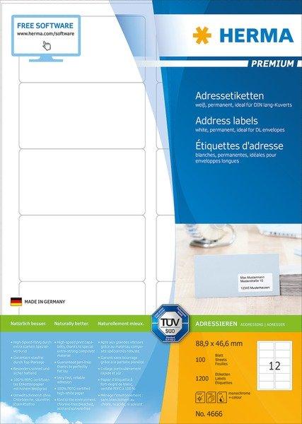 HERMA Adress-Etiketten 88.9 x 46.6 mm Papier Weiß 1200 St. Permanent haftend Tintenstrahldrucker, Laserdru  