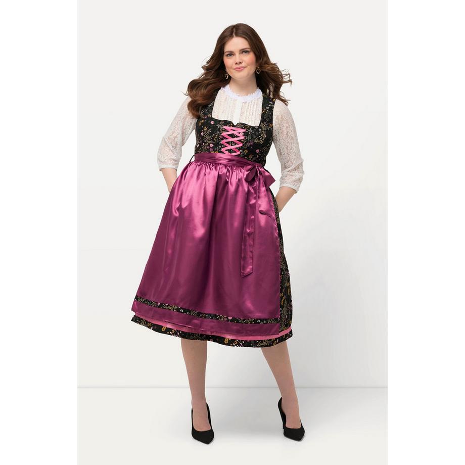 Ulla Popken Dirndl Floreale Paillettes Scollo Quadrato Senza Maniche  