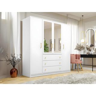 Vente-unique Armadio 4 ante e 3 cassetti Con specchi L196 cm Bianco - LIZANDRO  