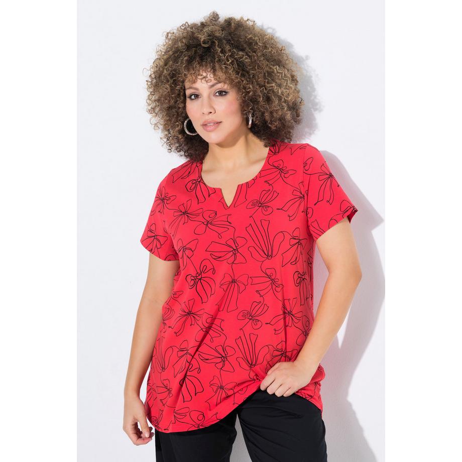 Ulla Popken T-shirt Stampa Fiocco Taglio Svasato Scollo a Tunica Mezze Maniche  