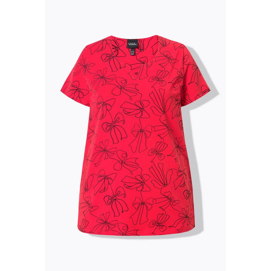 Ulla Popken T-shirt Stampa Fiocco Taglio Svasato Scollo a Tunica Mezze Maniche  