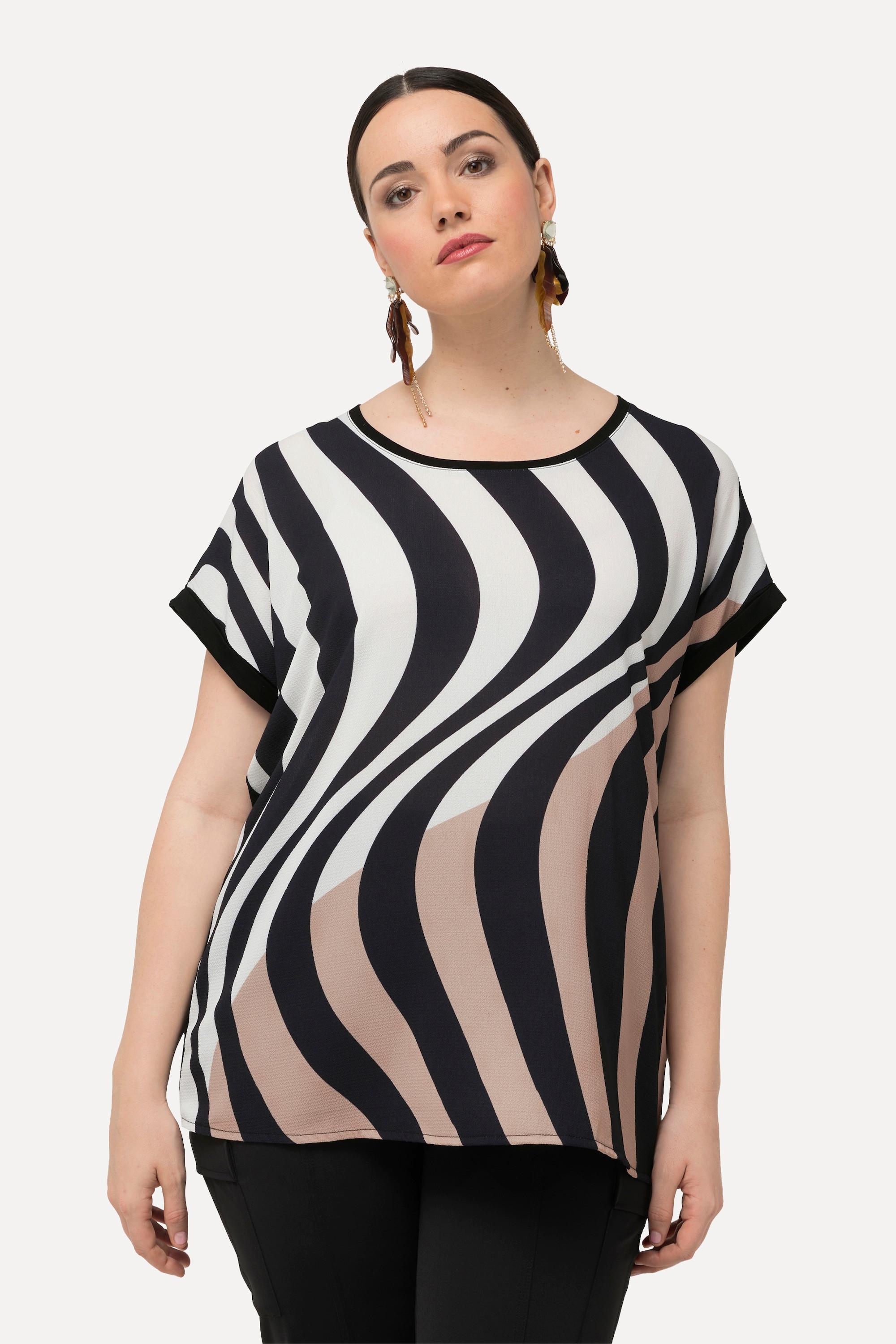 Ulla Popken  T-shirt dal taglio oversize con design a onde, scollo a girocollo e mezze maniche 