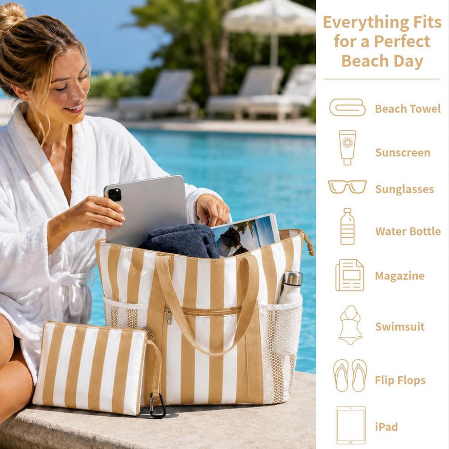 Only-bags.store Grosse Strandtasche mit 5 Fächern und Nassfach wasserdicht  