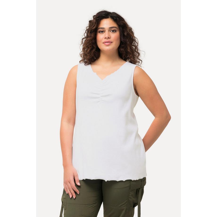 Ulla Popken Débardeur côtelé bords ondulés coupe Slim sans manches col en V  