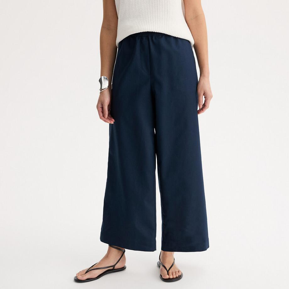 Pantalon large 7/8ème en lin et coton à taille élastiquée