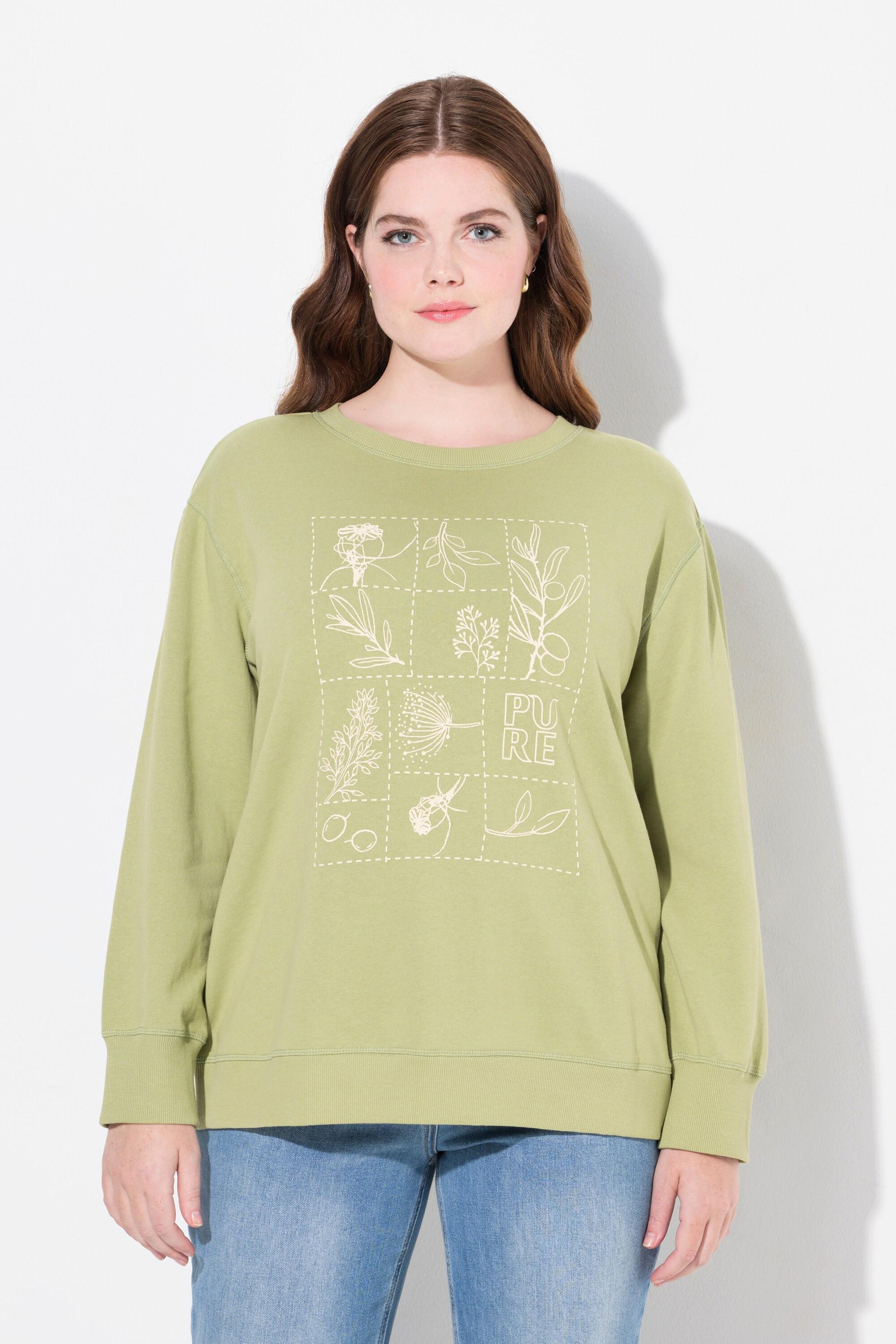 Ulla Popken  Sweatshirt, Motif Floral, Encolure Ronde, Manches Longues, Coton Bio 