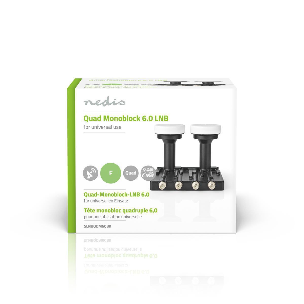 Nedis  LNB | Quad Monoblock 6.0° | Ausgangsstecker: 4x F-Stecker | Rauschfaktorbereich: 0.85 dB | Konvertierungsgewinn: 52 - 67 dB | Schwarz | Geeignet für: Astra+ / Hotbird 