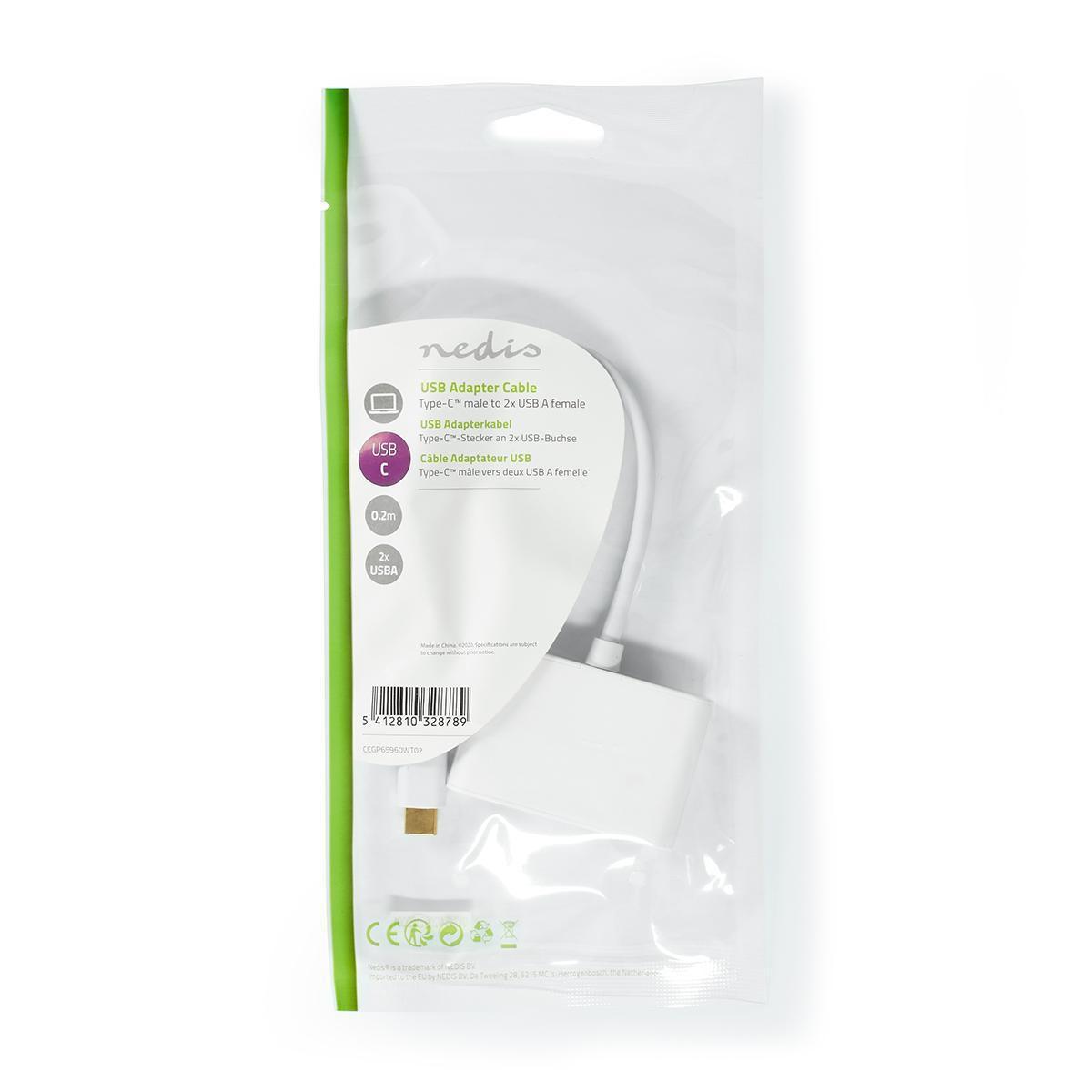 Nedis  Adaptateur multiport USB | USB 3.2 Gen 1 | USB-C™ mâle | 2x USB-A | 5 Gbps | 0.20 m | Rond | Nickelé | PVC | Blanc | Sachet en plastique 