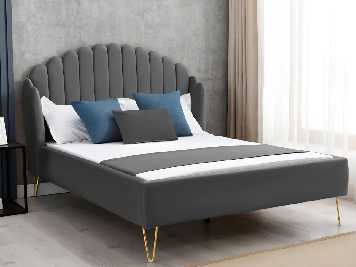 Vente-unique Letto 160 x 200 con con testata letto ondulata Velluto Grigio + Materasso - SAGALI  