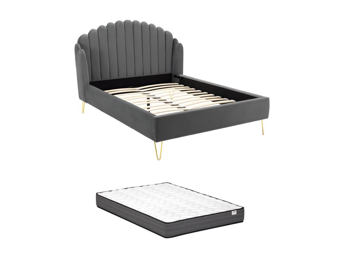 Image of Polsterbett 160 x 200 cm - wellenförmiges Kopfteil - Samt - Grau + Matratze - SAGALI Polsterbett 160 x 200 cm - wellenförmiges Kopfteil - Samt - Grau + Matratze - SAGALI