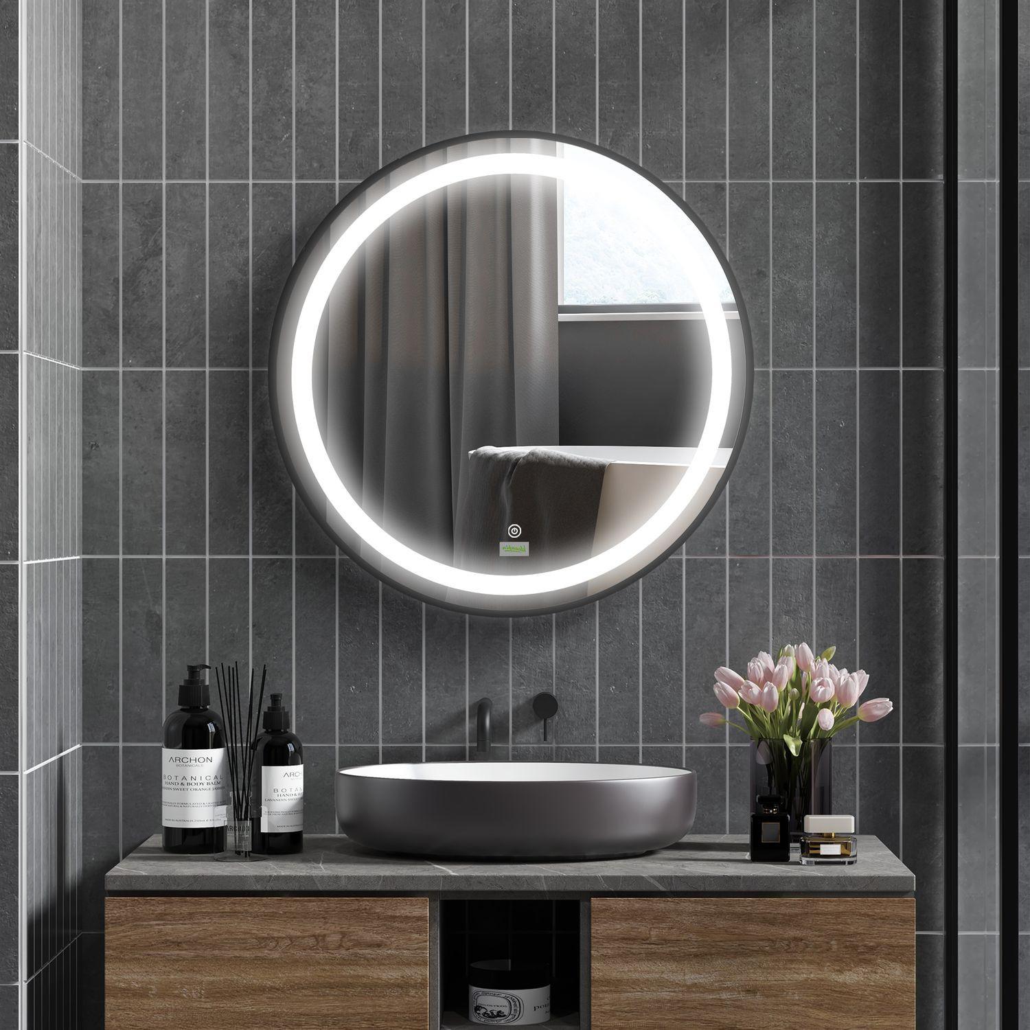 Northio  Specchio da bagno, specchio da bagno a LED Ø60 cm con 3 colori di luce, specchio da parete con funzione touch, funzione memory, IP44, nero 