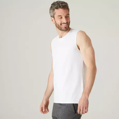 DOMYOS D bardeur Fitness homme col rond droit coton 500 Blanc