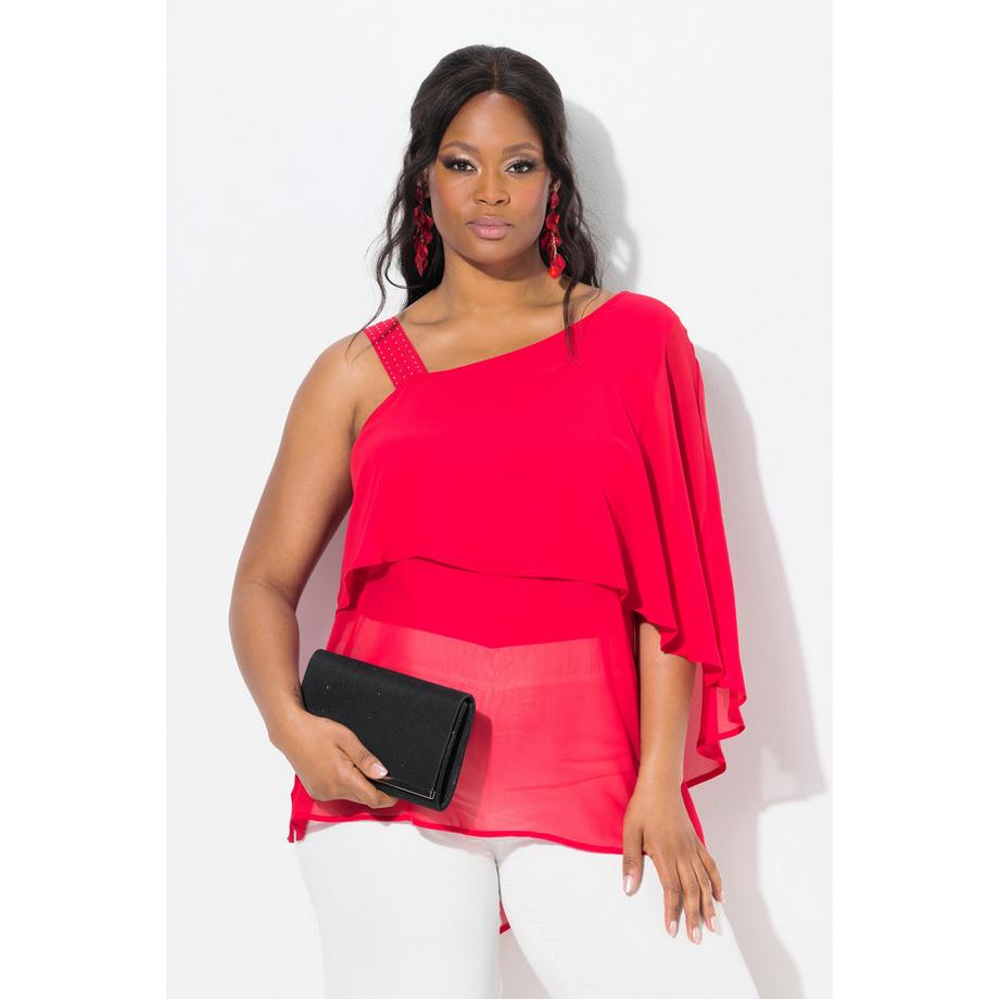 Ulla Popken Blouse Chiffon One Shoulder Voile Asymétrique Coupe Évasée Manche 3/4  