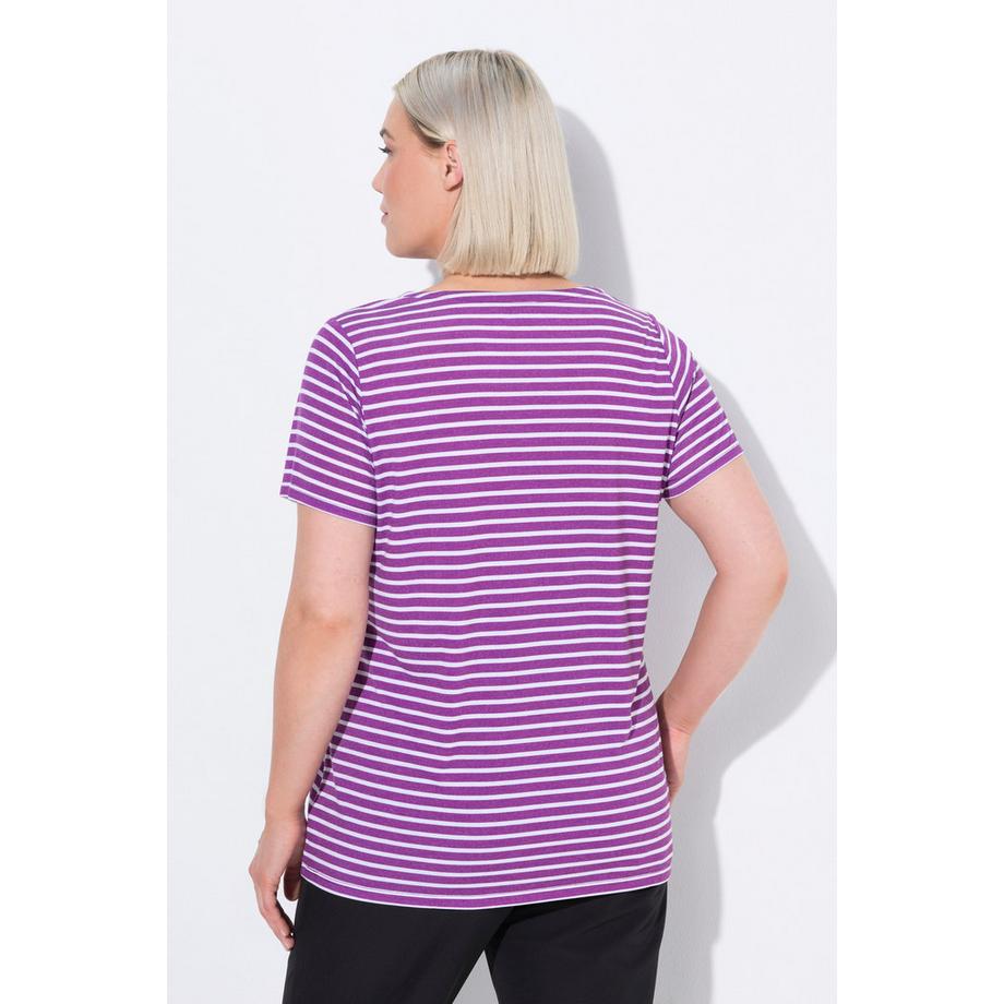Ulla Popken T-shirt technique rayé Col V Manches courtes Coupe Classic  