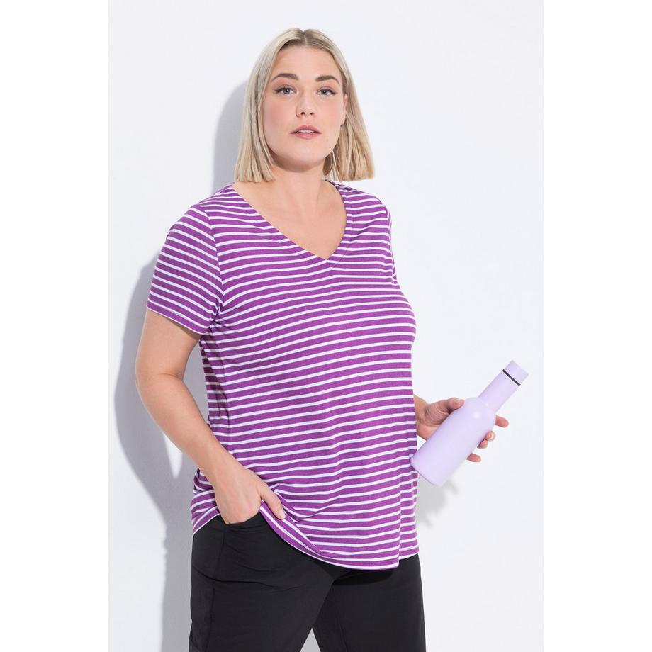 Ulla Popken T-shirt technique rayé Col V Manches courtes Coupe Classic  