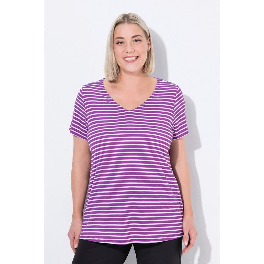 Ulla Popken T-shirt technique rayé Col V Manches courtes Coupe Classic  