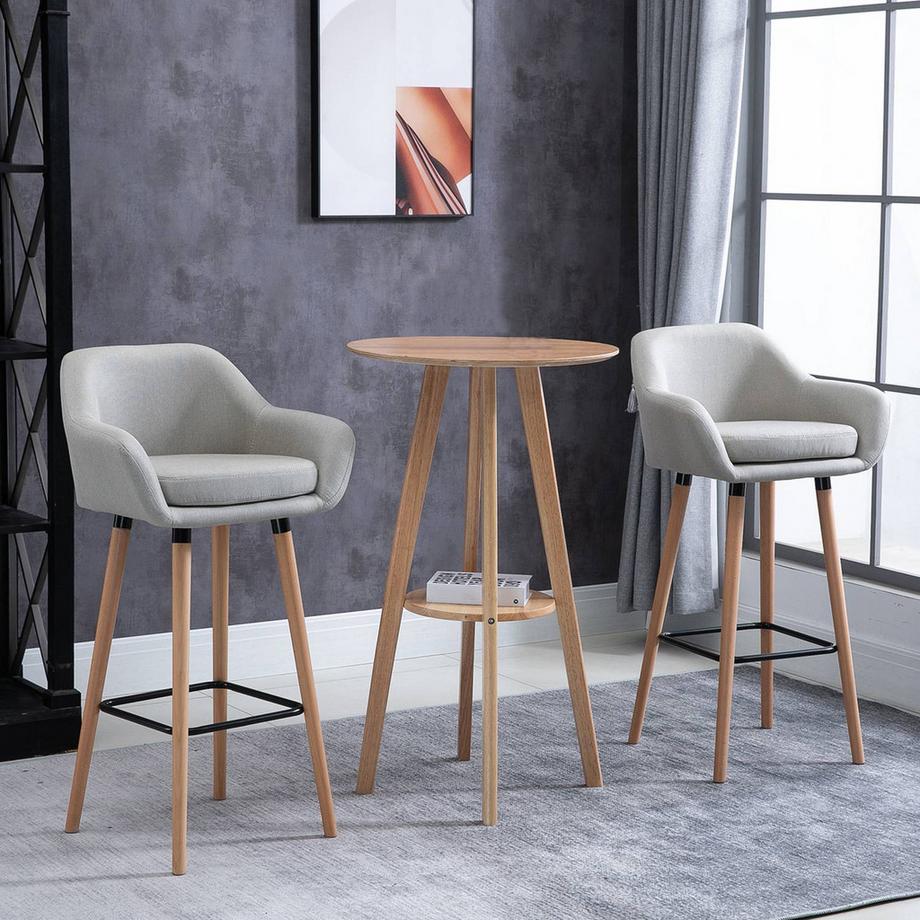Northio Lot de 2 tabourets de bar confortables en lin avec coussin d'assise, tabouret de cuisine, tabouret de bistro avec repose-pieds, pieds en bois de hêtre, beige  
