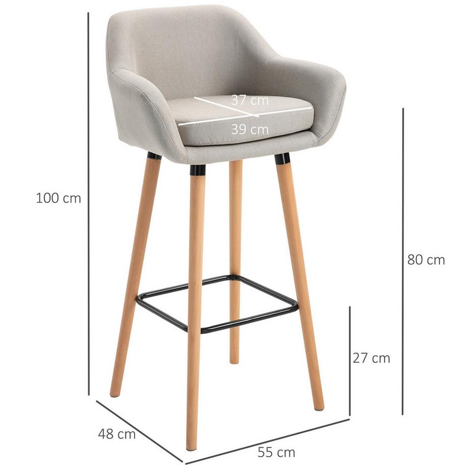 Northio Lot de 2 tabourets de bar confortables en lin avec coussin d'assise, tabouret de cuisine, tabouret de bistro avec repose-pieds, pieds en bois de hêtre, beige  