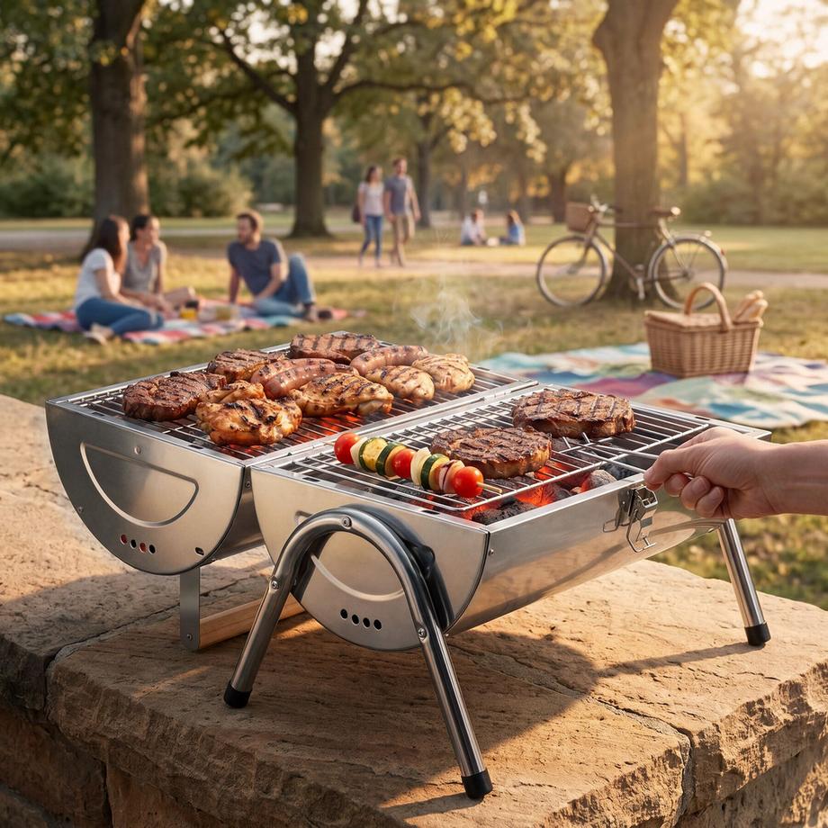 Tectake Barbecue in acciaio inossidabile con 2 piastre di cottura e 2 vasche per il carbone  