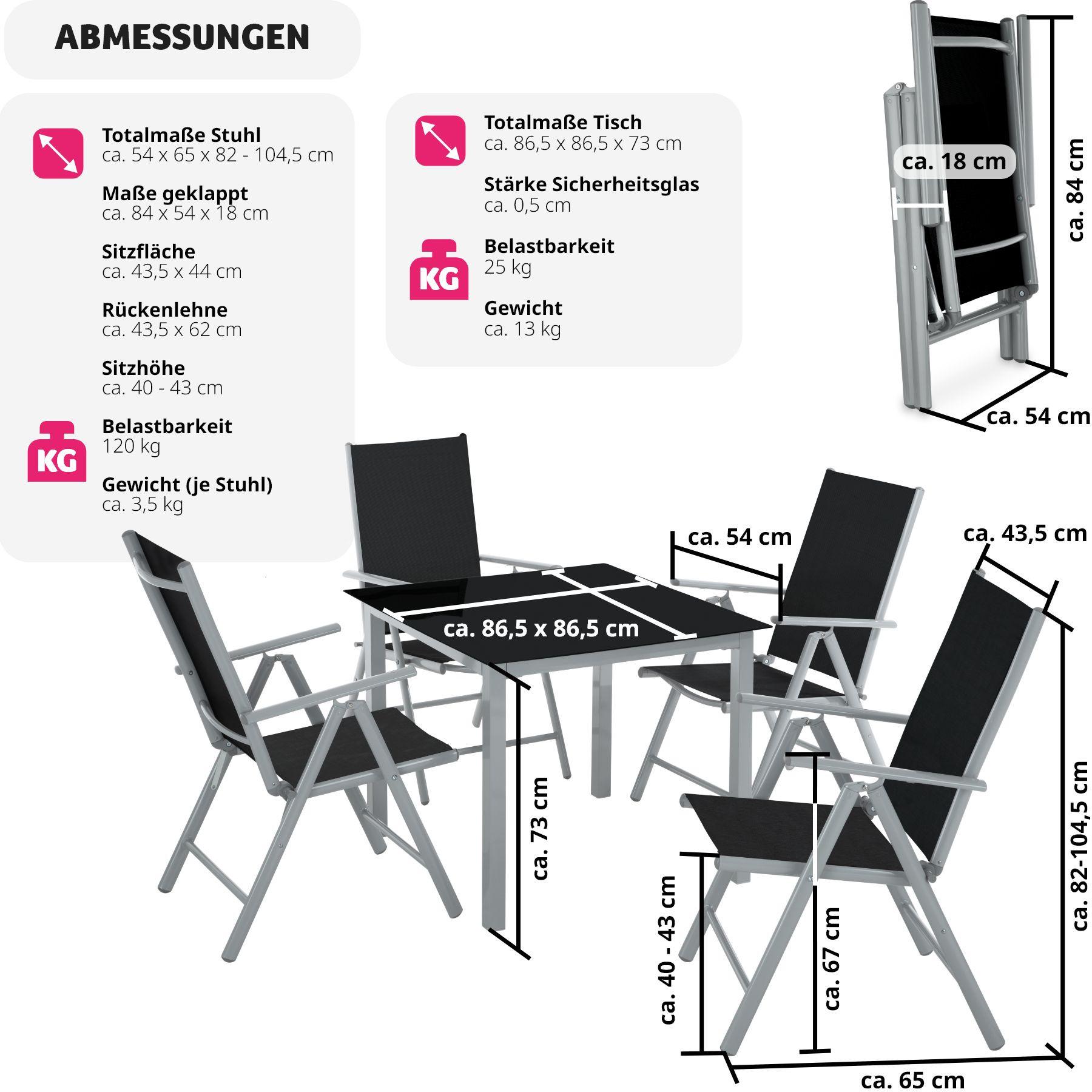 Tectake Aluminium Sitzgruppe 4+1 Stühle mit verstellbarer Rückenlehne und luftdurchlässigem Textilene-Gewebe  