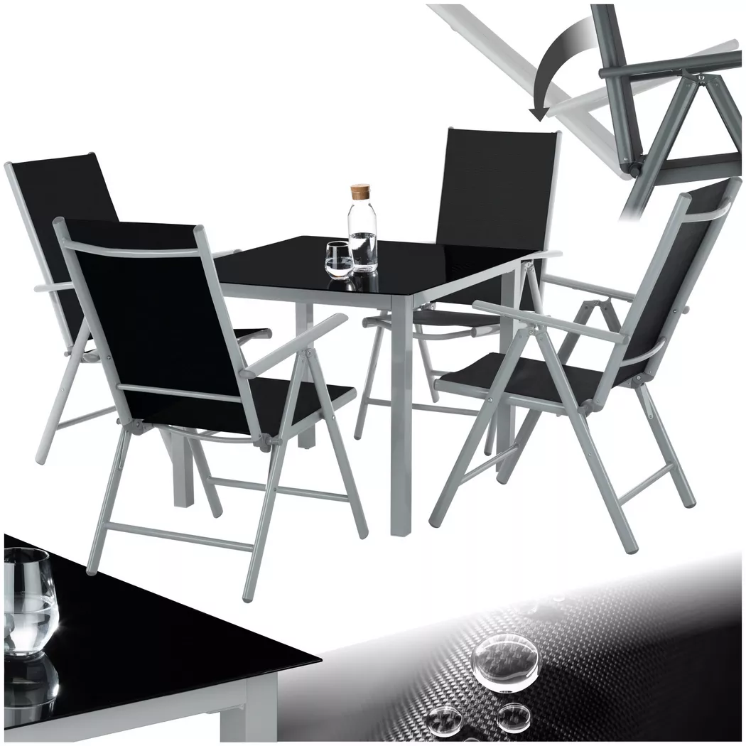tectake® Aluminium Sitzgruppe, wetterfest und UV-beständig, atmungsaktives Textilene-Gewebe, Tisch mit Sicherheitsglasplatte und Ausgleichsschrauben