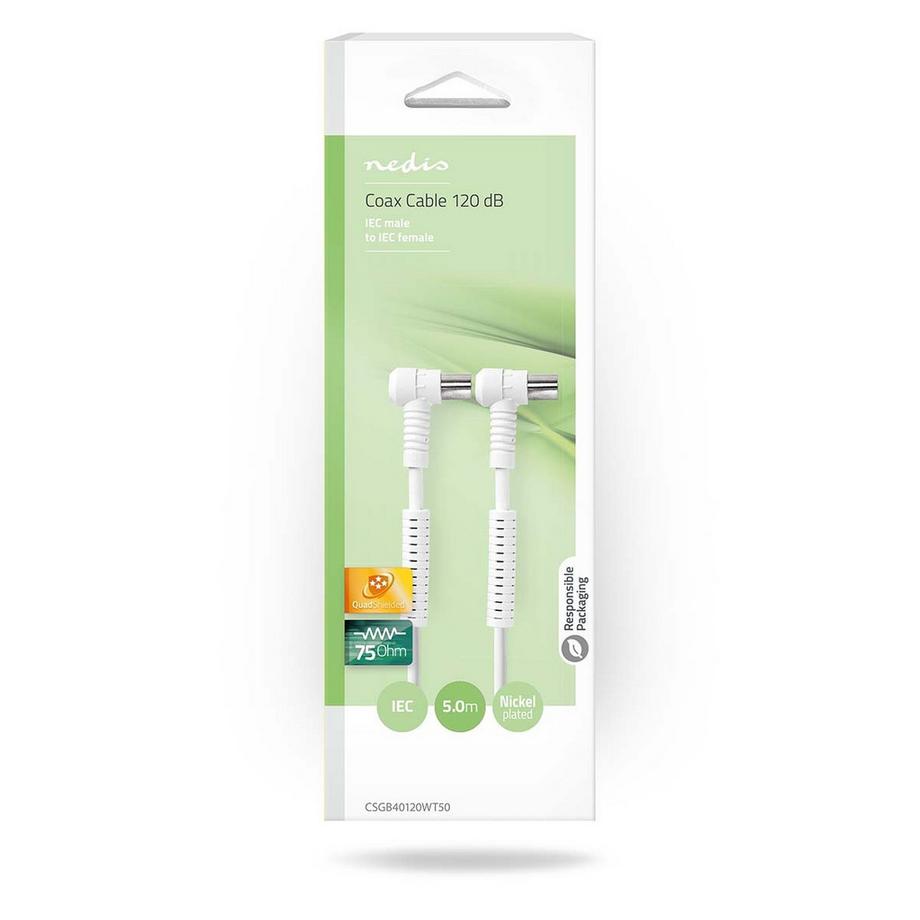 Nedis  Câble coaxial | IEC (Coax) mâle | IEC (Coax) femelle | Nickelé | 120 dB | 75 Ohm | Quatre blindages | 5.00 m | Rond | PVC | Blanc | Emballé 