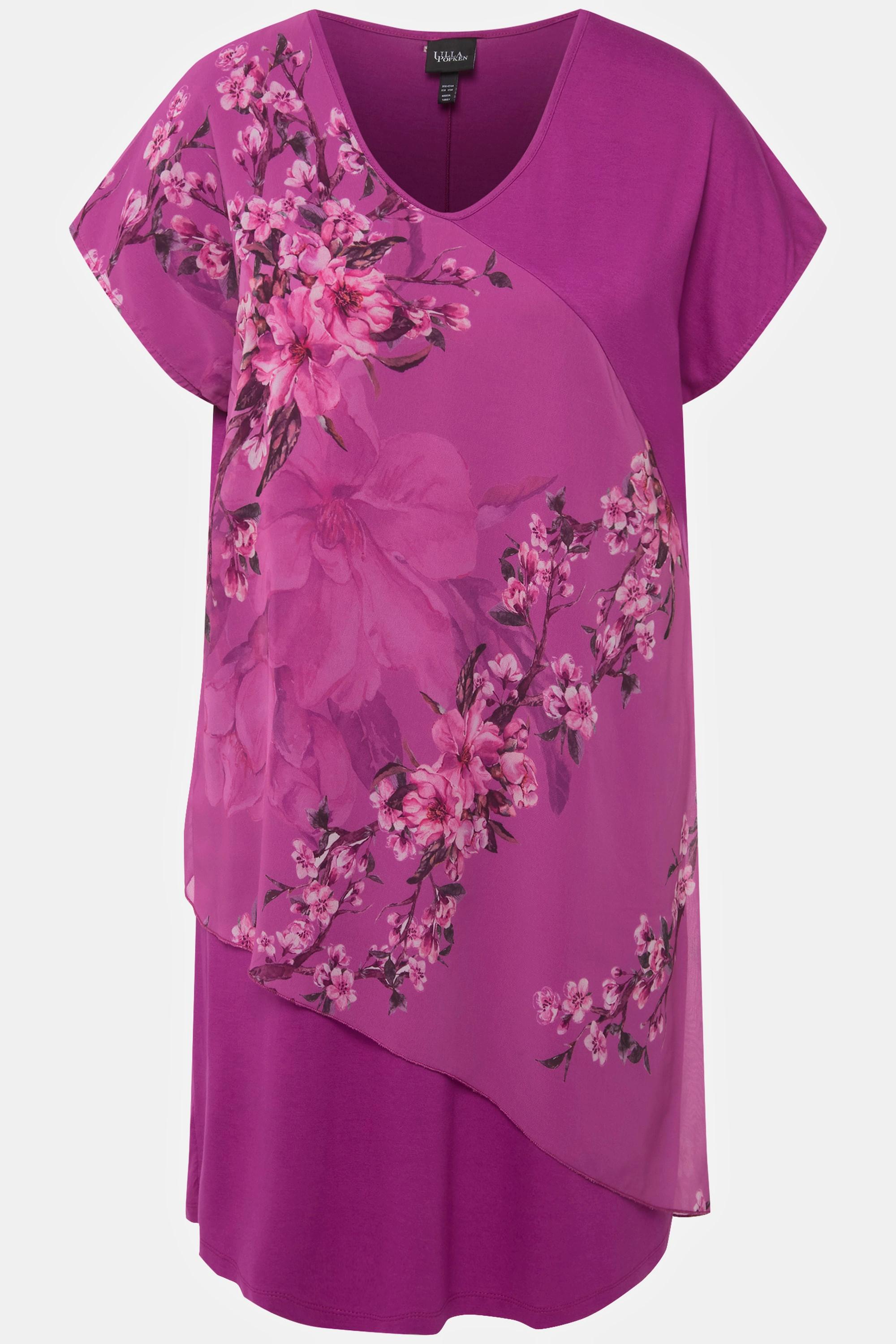 Ulla Popken  Robe midi, fleurs de cerisiers. Décolleté en V. Manches courtes. 